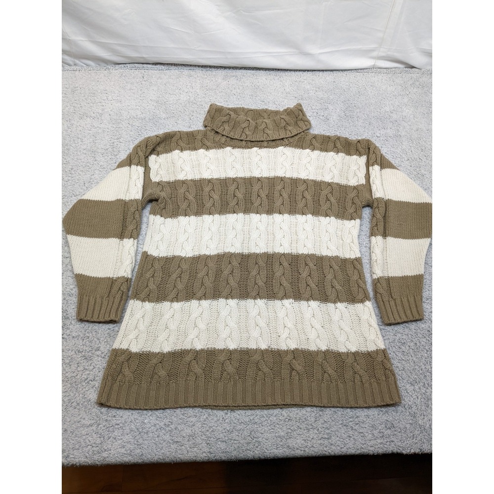 Chunky Cable Knit Turtleneck Sweater Medium Taupe Cream‎ Y2K Cottage Core Cozy
